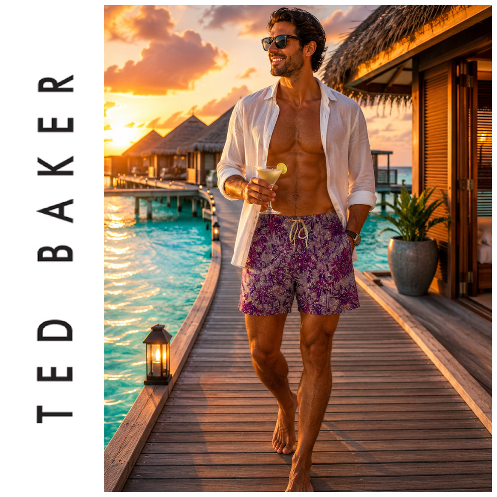 Ted Baker London Men's Sz 5 Large Swim Trunks Purple Floral Geometric Lobster